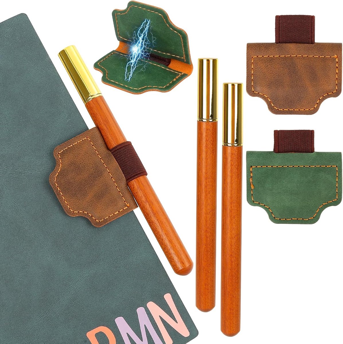 Thijox - 2 Stuks Gepersonaliseerde Magnetische Lederen Boekenlegger met Penhouder, Retro Stijl, Bruin/Groen, Perfect voor Boekenliefhebbers, Scholiere