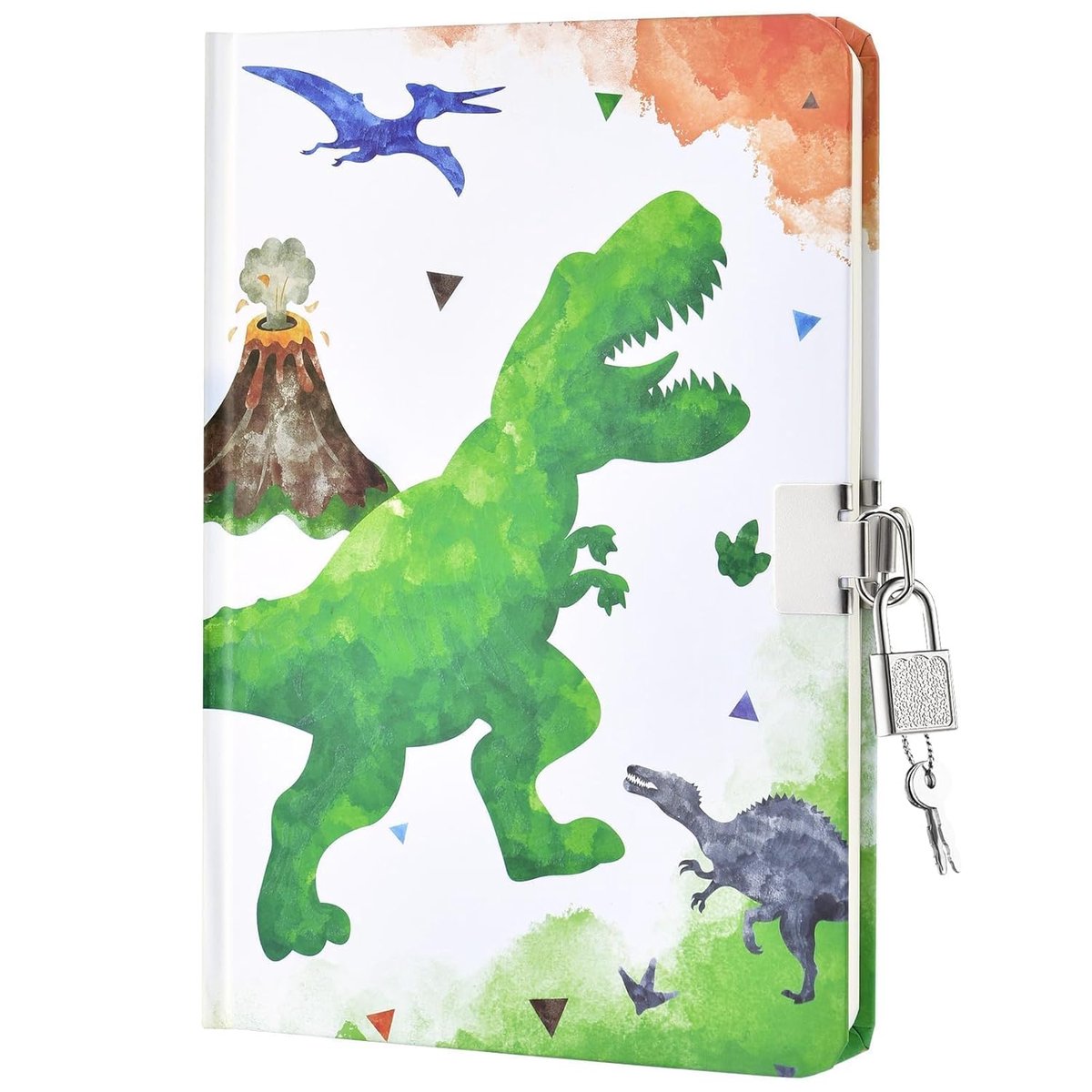 Thijox - Aquarel Dinosaurus Dagboek voor Jongens - Verlicht Hardcover A5 Dinosaurusboek met Slot en Sleutels - Gelinieerd Notitieboek voor School, Rei