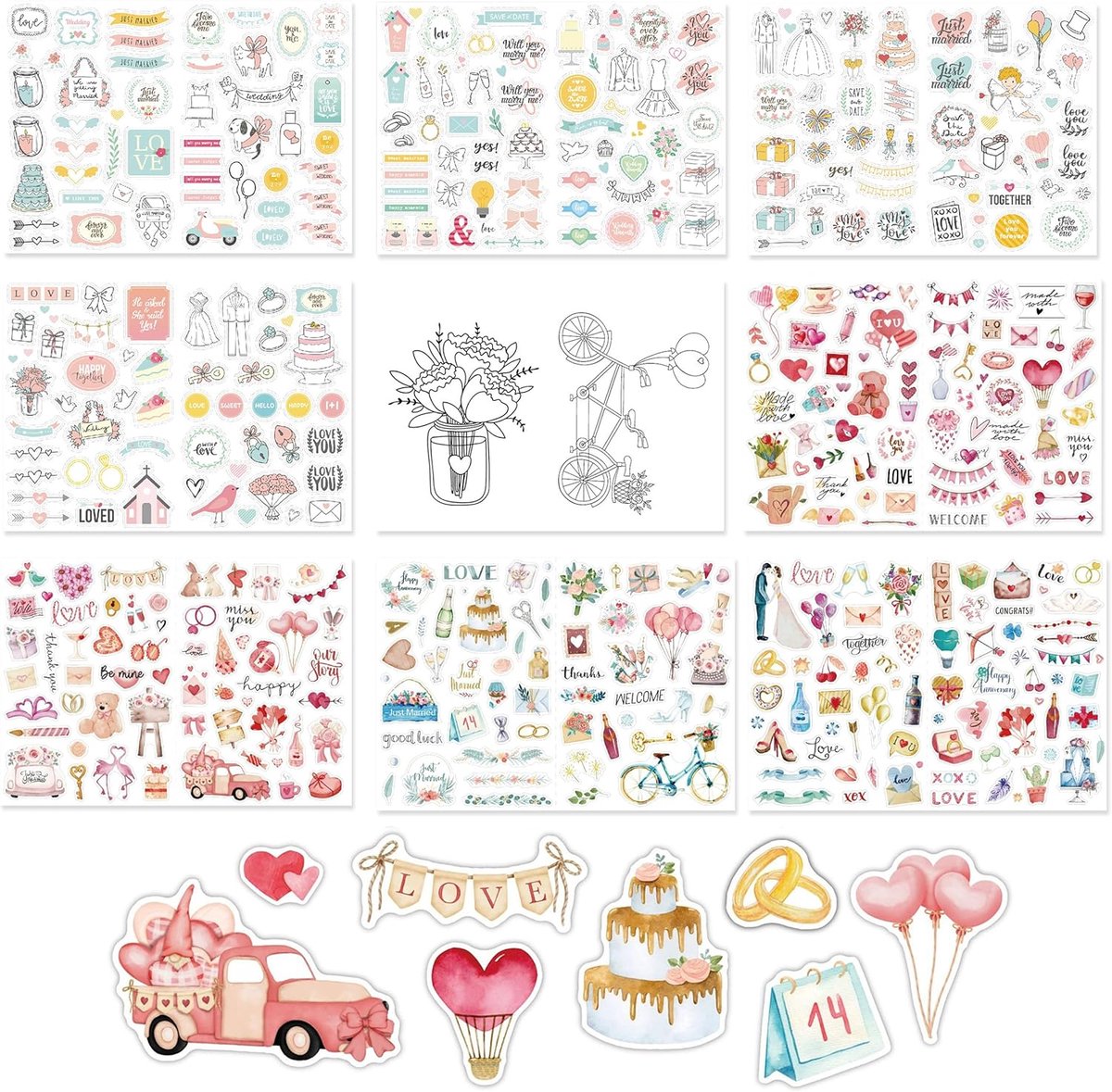 Thijox - 9 Vellen Bruiloft Stickers Gastenboek, 432 Motieven Bruiloftsstickers voor Scrapbook, Foto Album en Plakboek, Decoratie voor Trouwerij, Feest