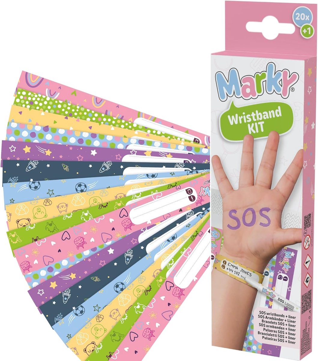 SnelShoppen - Veiligheidsarmbandenset voor Kinderen, Scheurvast, Waterbestendig, Beschrijfbaar, 10 Noodarmbanden met 1 Permanente Markeerstift, Perfec