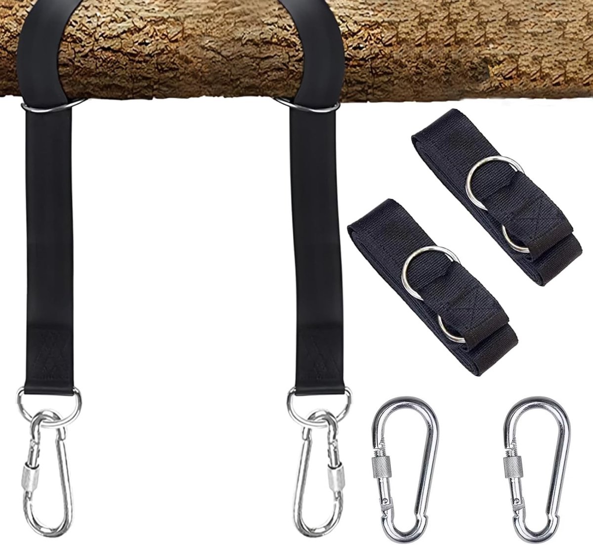 Set van 2 Hangende Bevestigingen, Buiten Hangmatriemen 2 x 30 cm met 2 Karabijnhaken, D-Ring Set voor Hangmatten en Camping Schommels