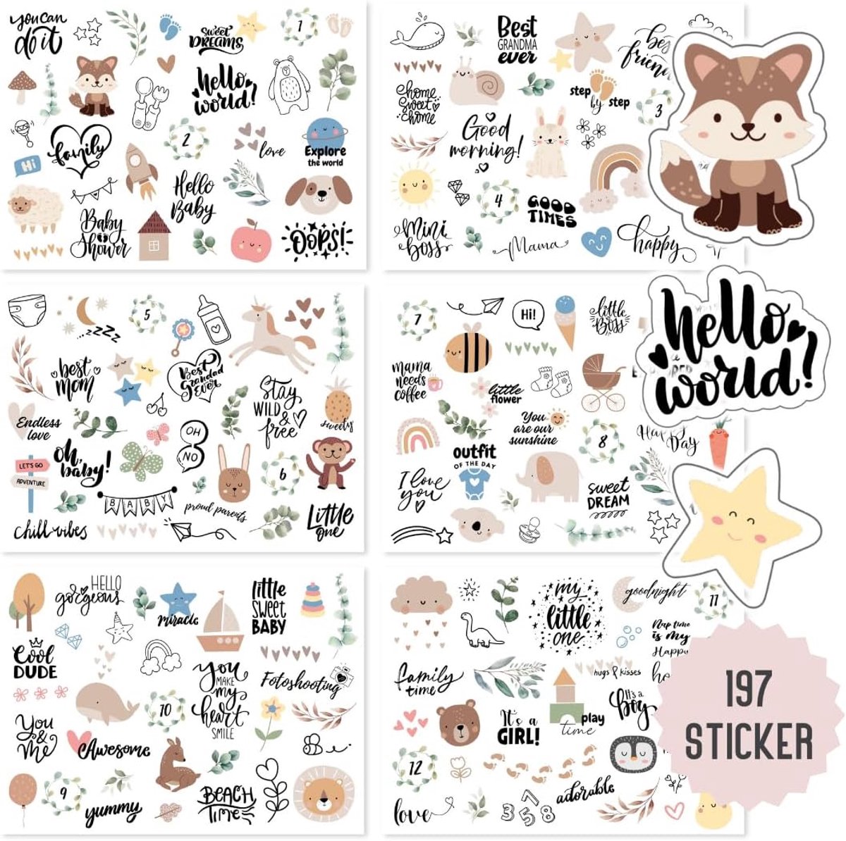 Thijox - Babystickerset met 197 stickers, fotoalbum en mijlpaalstickers voor jongens en meisjes, babyalbum voor het eerste jaar, groene eucalyptus, sc