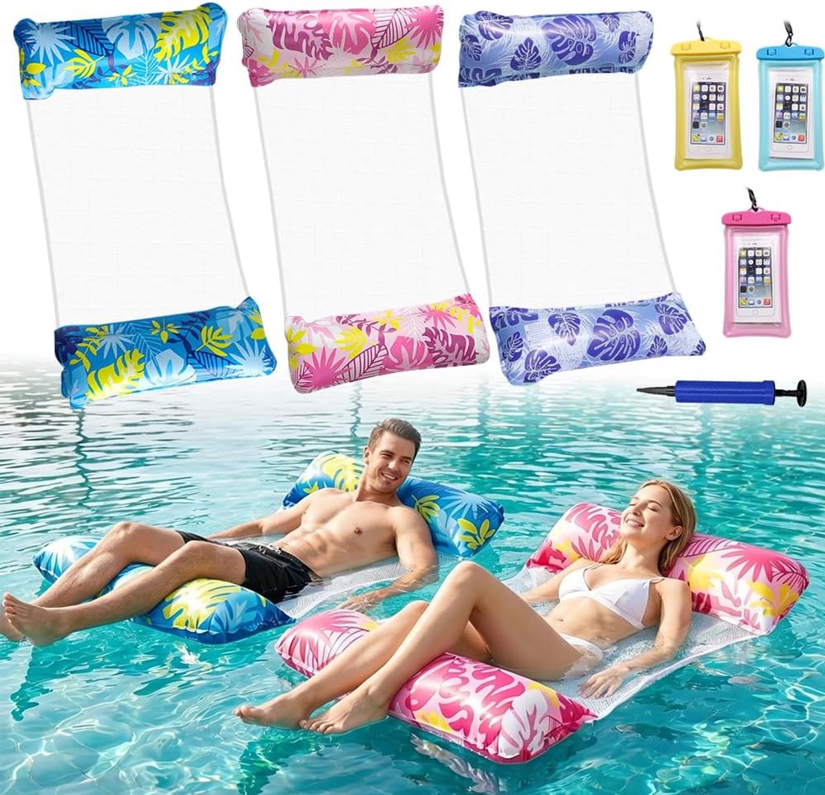 Thijox - 3PCS Luchtmatras Zwembad met 3 Waterdichte Telefoonzakken en 1 Luchtpomp - 120 x 65 cm Waterhangmat met Net - 4 in 1 Opblaasbaar Zwembad voor