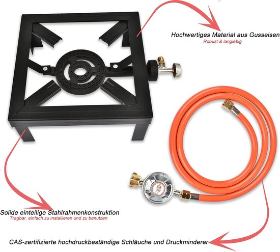 Thijox - Draagbaar Gaskoker voor Camping, Krukkooktoestel 6000W met 4 Poten, Inclusief 1,5m Slang en 50 Bar Drukregelaar voor Buitengebruik, Outdoor K van Thijox — afbeelding 2