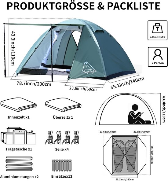 Inovra- Campingtent voor 2 Personen - Lichtgewicht 2,5 kg - Waterdicht PU3000 mm - Dubbellaags Ontwerp - Eenvoudige Installatie - Duurzaam Polyester - Tweepersoonstent van Inovra — afbeelding 3