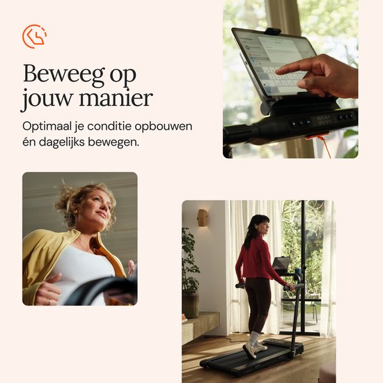 Collage van vrouwen op loopbanden en een man die op een loopband onder een bureau loopt