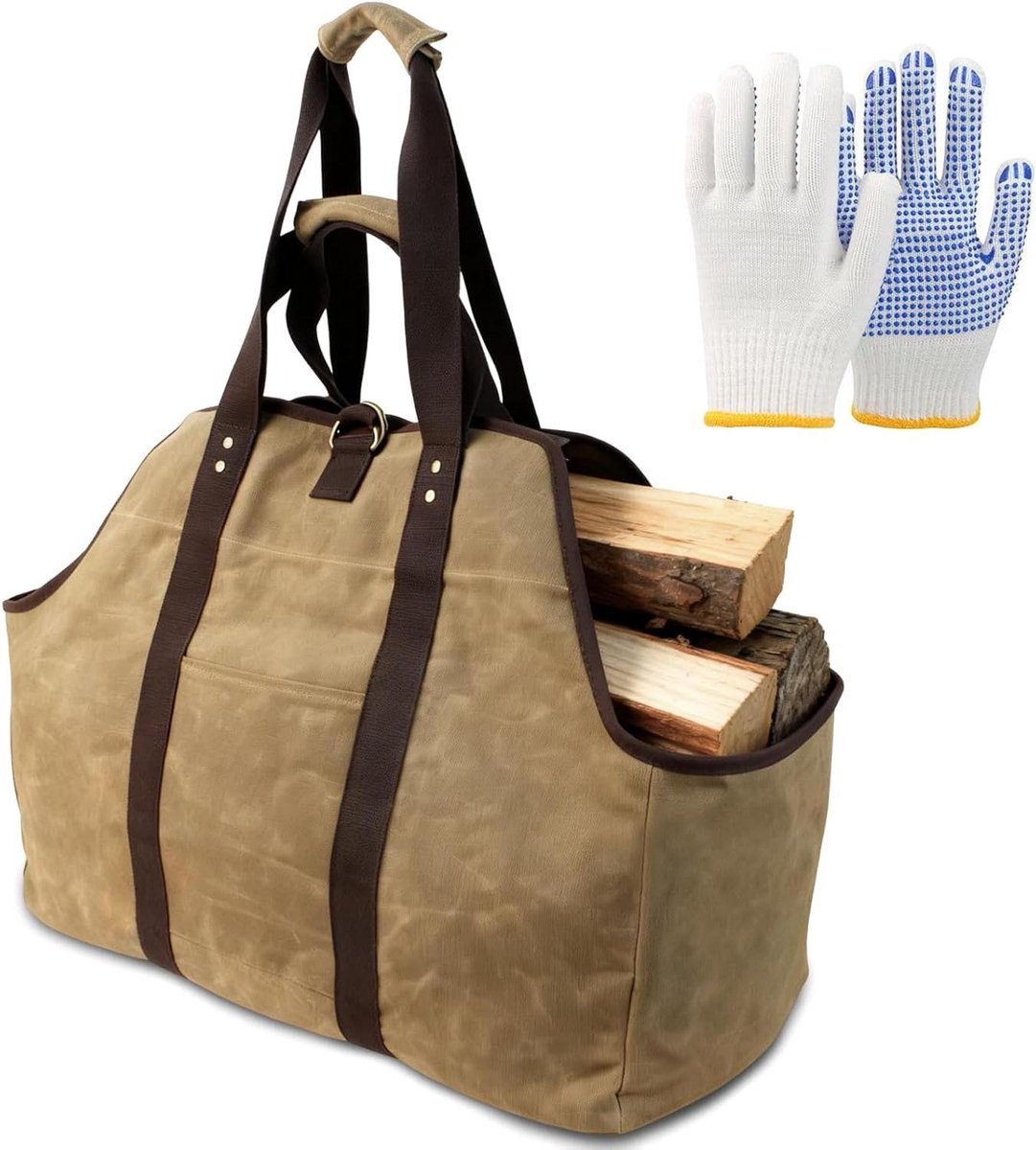 Brandhoutmand Groot - Hout Opslag - Haardhout Vervoeren - Inclusief Handschoenen - 60 x 30 x 50 cm - Bruin