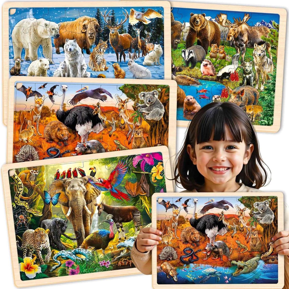 Houten Puzzels - Kinderspellen - Educatief Spelen - Set van 4 - 36 Stukjes - Natuurlijk
