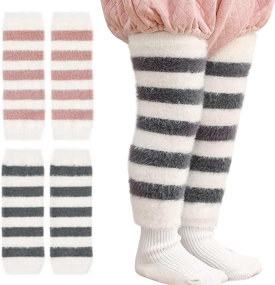 Babysokken met boord - Beenwarmers peuters - Warmte en comfort - Zacht acryl materiaal - 4 paar - Grijs en roze