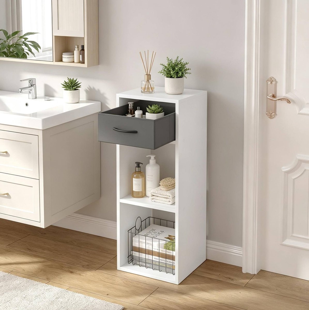 HAUSS SPOLE Boekenkast - Open Staande Kast Met Stoffen Lade - Compact Opbergmeubel Voor Woonkamer En Slaapkamer - Hout - 32,4x30x80 Cm - Grijs Wit
