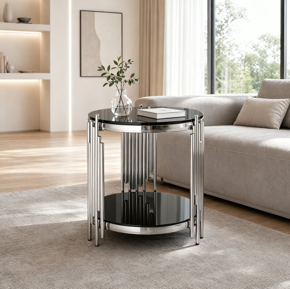 MIVRAY Bijzettafel - Ronde Glazen Tafel Met 2 Niveaus - Voor Woonkamer En Balkon - Gehard Glas En RVS - 45x45x55 Cm - Zwart Zilver