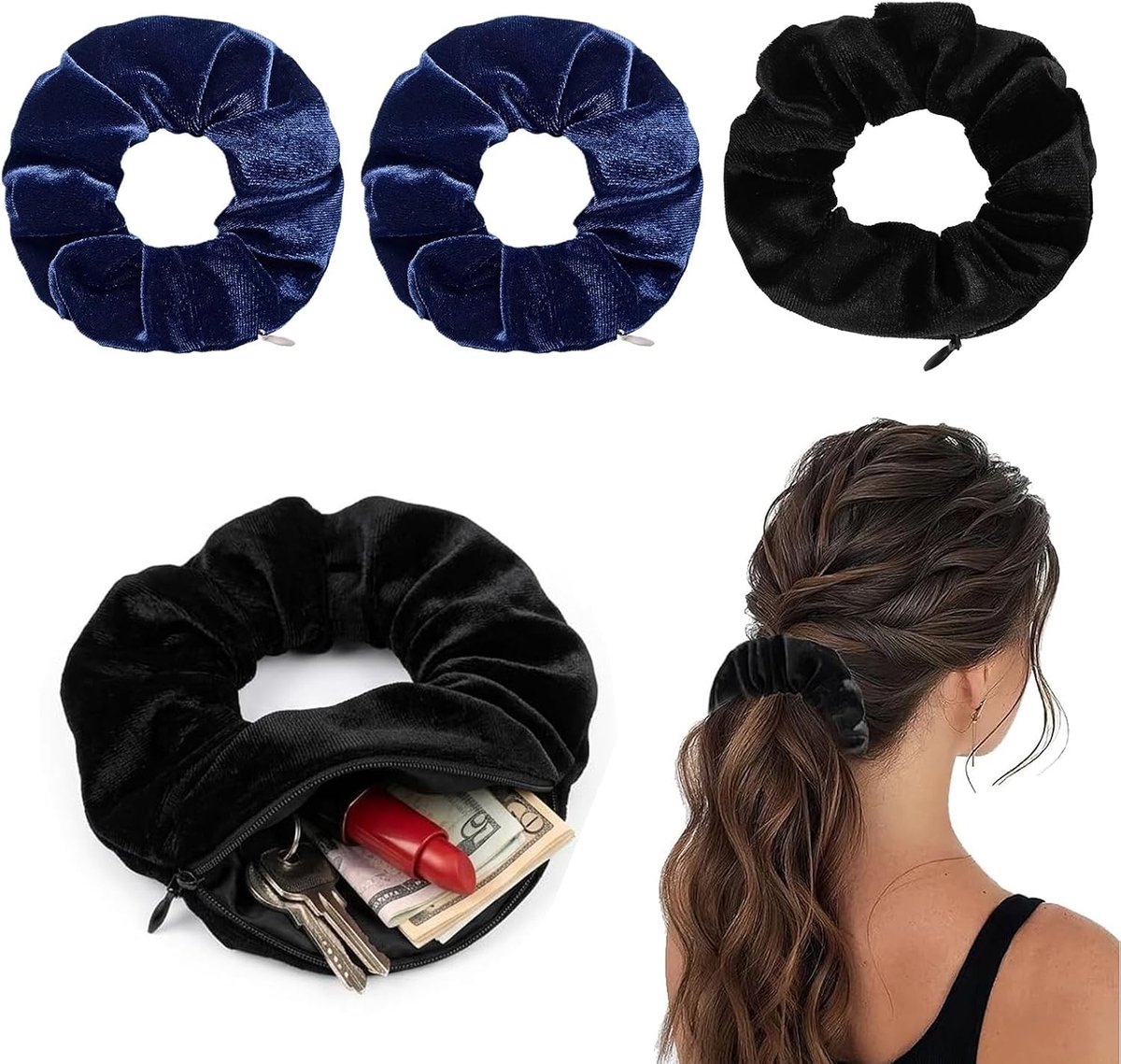 4 stuks haarelastiekjes met ritssluiting, verborgen zakken voor waardevolle spullen, handige scrunchies en kappersaccessoires