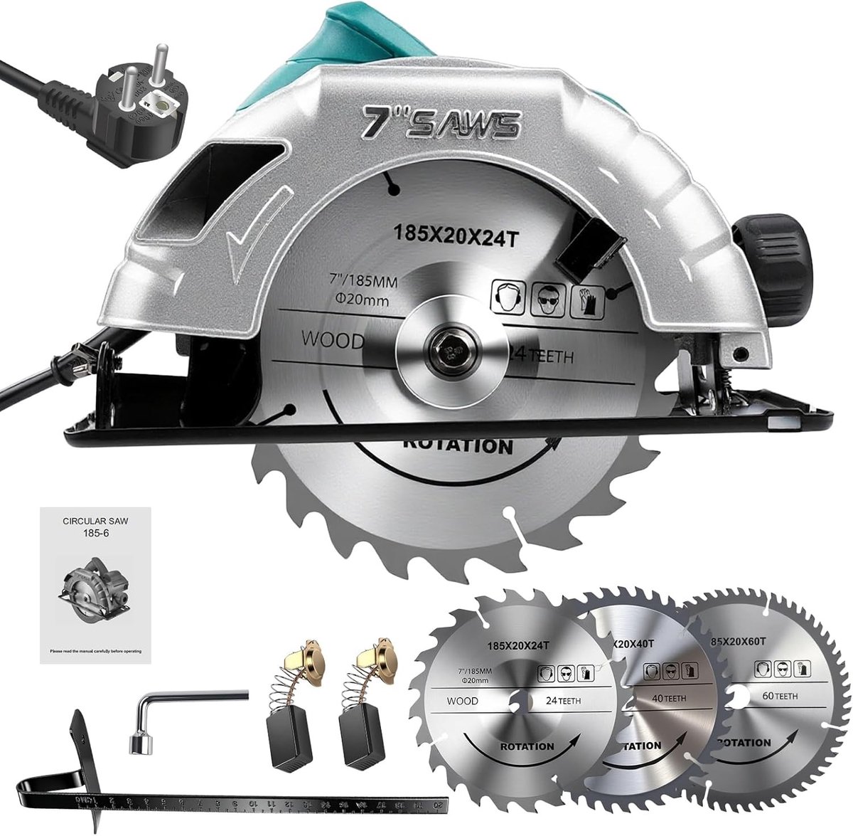 Krachtige 1200W cirkelzaag met geleiding en variabele snelheid voor hout, kunststof en metaal, 5200 RPM, snijdiepte tot 60 mm