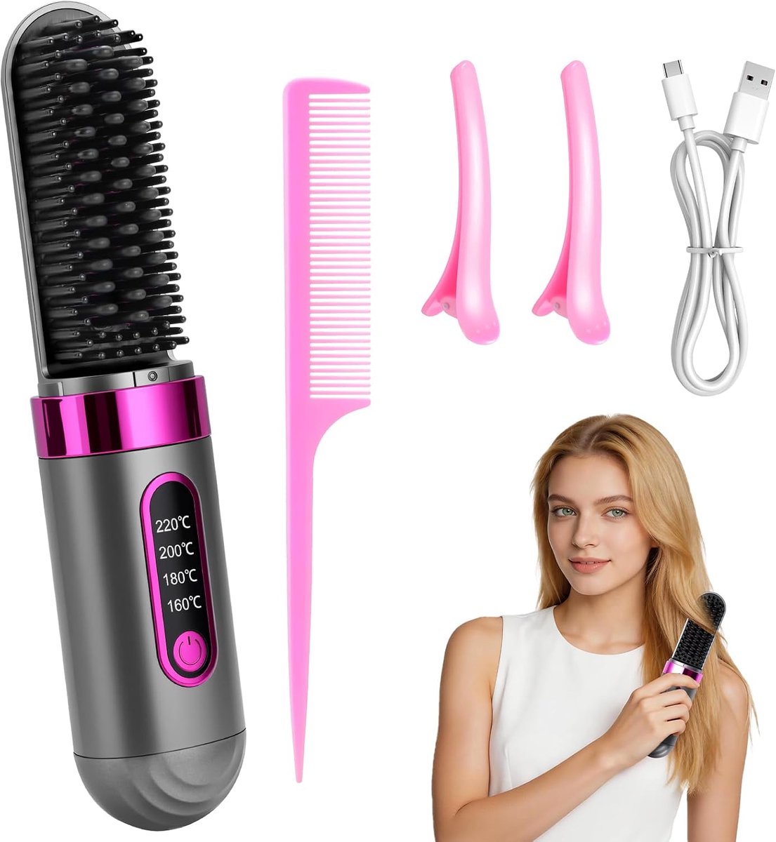 Thijox - Draadloze Stijlborstel voor Haarstyling, Mini en Draagbaar, 4 Warmtestanden 160-220°C, Oplaadbare Haarborstel voor Dames en Meisjes, Perfect