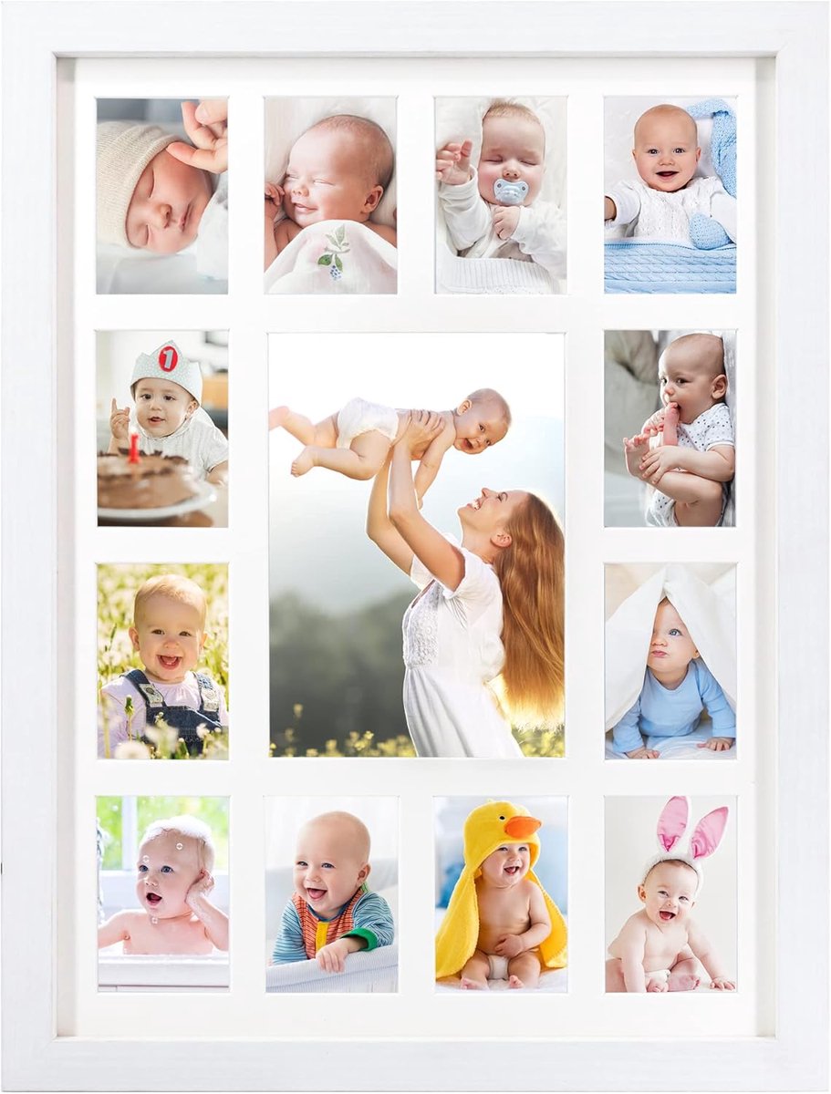 Thijox - FramePro Baby's Eerste Jaar Collage Fotolijst - Wit - 1x 5x7 Foto + 12x 2,5x3,5 Foto's - Wanddecoratie voor Kinderen - 43,4 cm H x 33,3 cm B