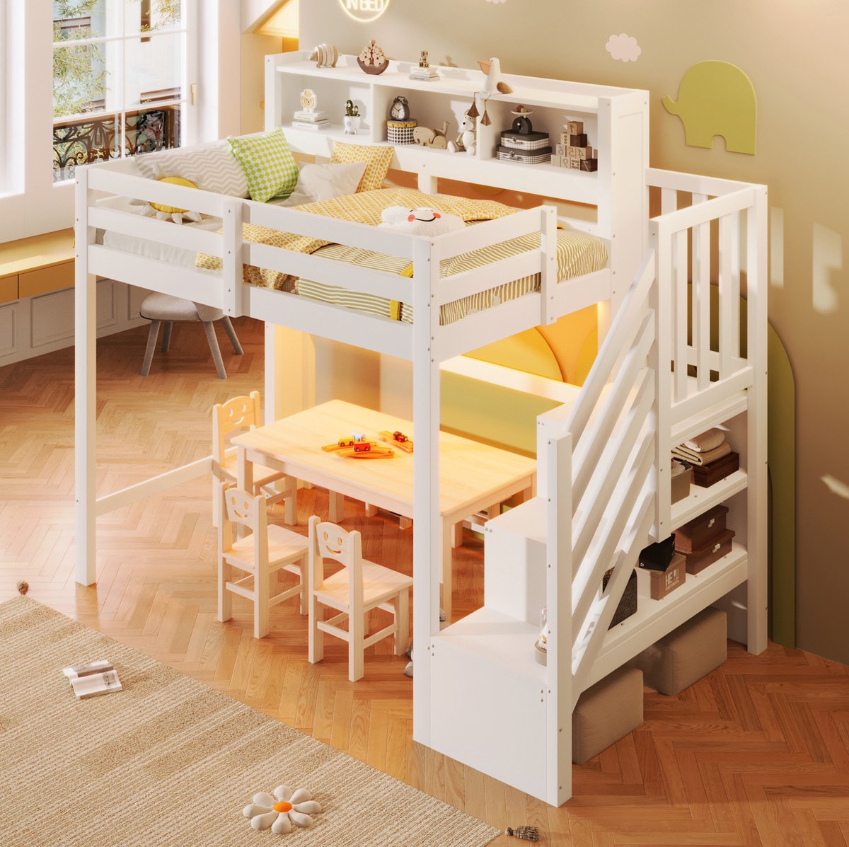 STILVORA Hoogslaper 90x200 cm – Met LED-Verlichting – Opbergtrede en Open Vakken – Zonder Matras – Voor Kinderkamer – Hout en MDF – Wit