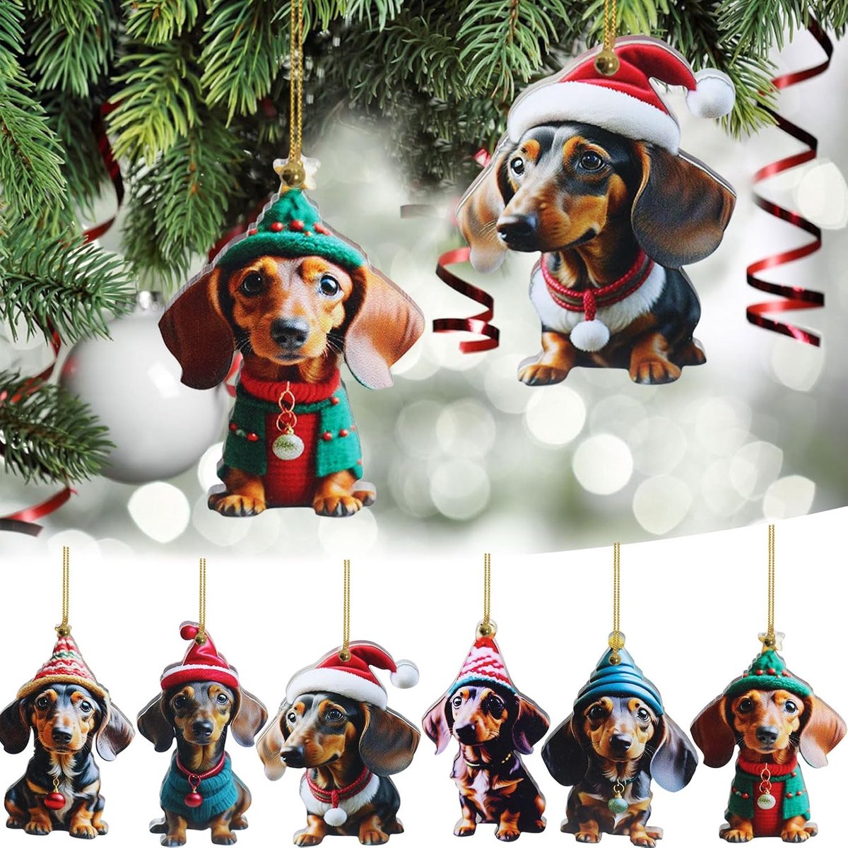 SnelShoppen - 6 Stuks Teckel Kerstboomdecoraties - 2D Acryl Teckel Kerstversieringen - Schattige Teckel Ornamenten voor Kerstdecoratie - Perfect voor