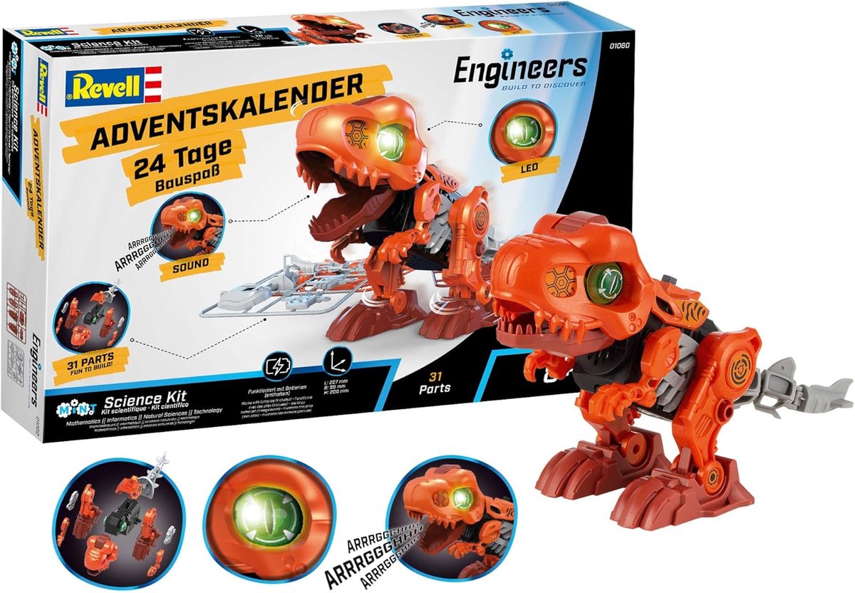 Thijox - Adventskalender Engineers 'Electric T.Rex' voor Dinosaurusfans, Creatief Knutselen, Feestelijke Stemming, Inclusief Alle Benodigdheden, Perfe