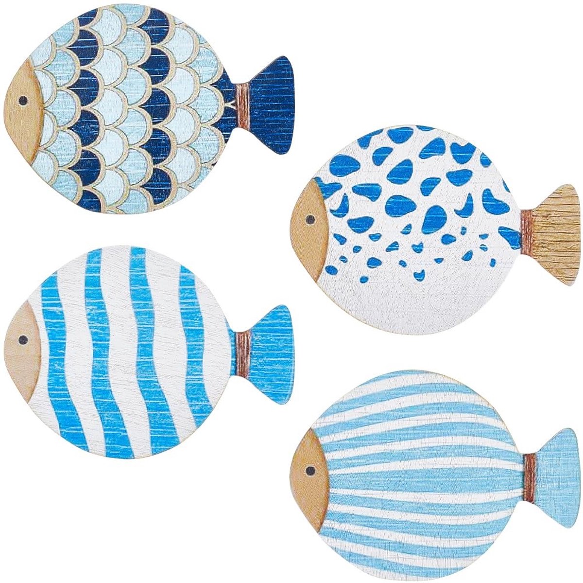Dailygoods- Vis Muurdecor 4 Stuks - Houten Sculpturen - Nautisch Ornament - Blauw Natuurlijk Hout - Afmetingen 17 x 12,3 cm - Perfect voor Badkamer/Slaapkamer - Muurkunst