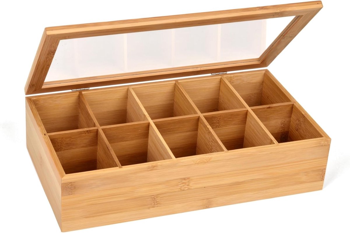 SnelShoppen - Bamboe Theedoos met 10 Vakken, Klappend Deksel en Kijkvenster - Theezakjesdoos voor Aromabeschermde Opslag - 36 x 20 x 9 cm - Keukenacce