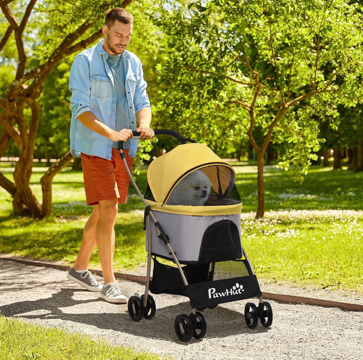 MEUNIQ 2-in-1 hondenbuggy en hondentrolley 82 x 49,5 x 98 cm, opvouwbare dierenbuggy met draagtas, 4 wielen, remmen, gaasvensters en opbergmand, geel