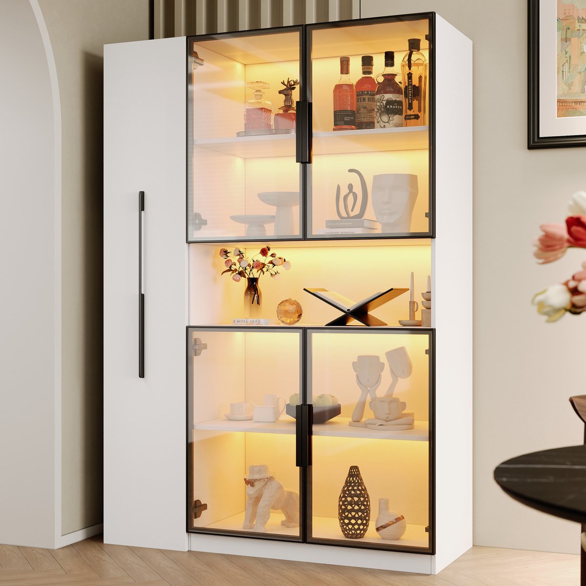HAUSS SPOLE Vitrinekast - Smal Design Met LED Verlichting En Lades - Voor Woonkamer Keuken En Werkkamer - MDF - 110x35x160 Cm - Wit
