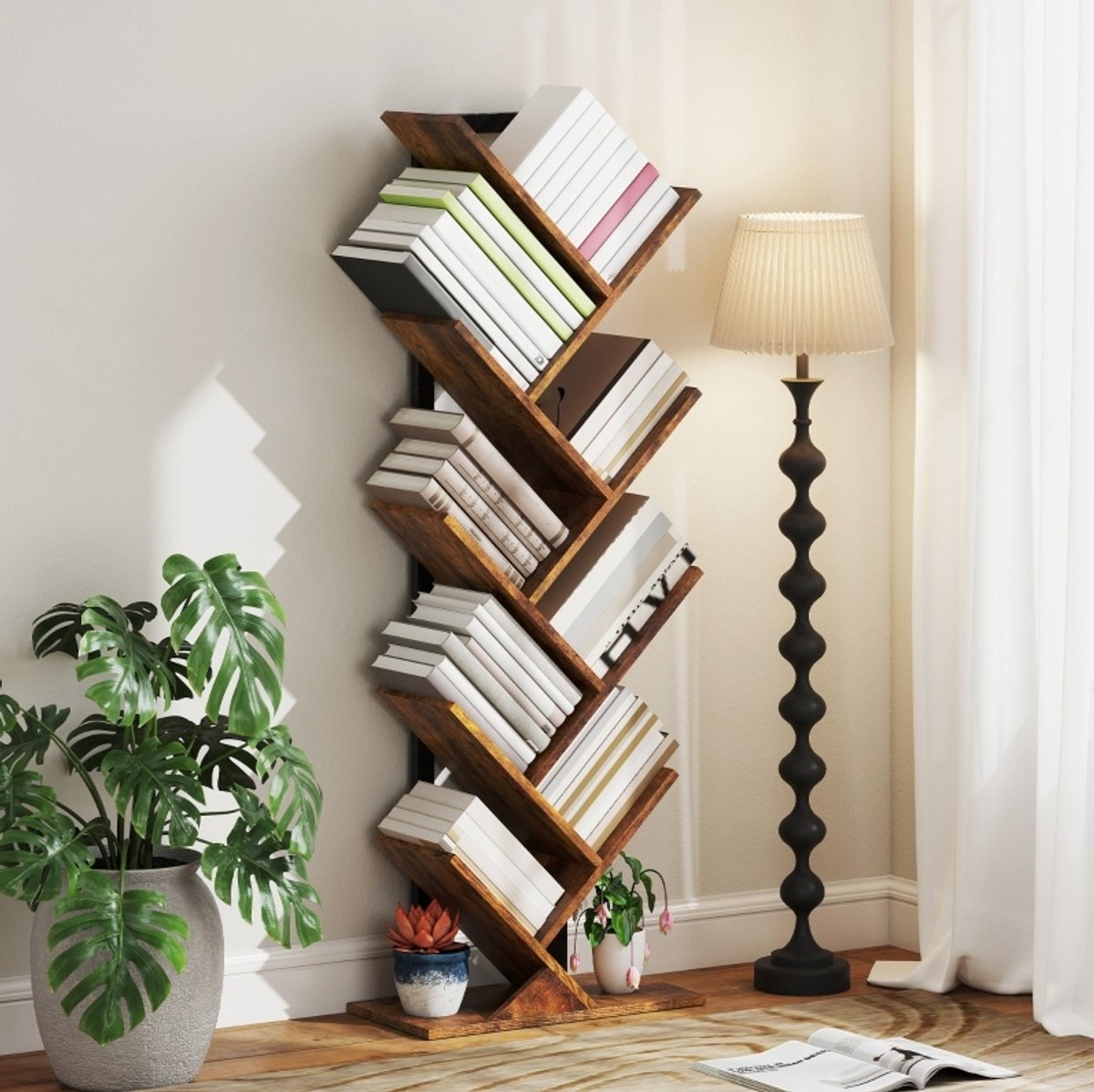 MEUNIQ Boekenkast 50 x 24 x 136 cm met 9 open vakken in boomvorm, smal staand boekenrek voor woonkamer, werkkamer of kantoor, bruin
