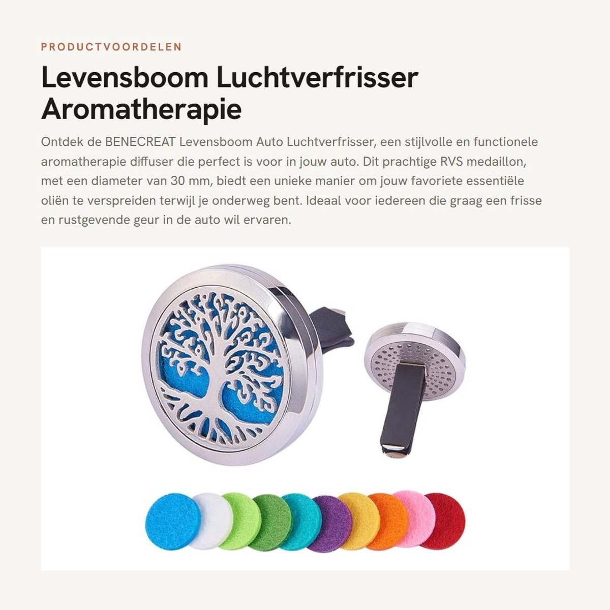 Dailygoods- Luchtverfrisser Auto Aromatherapie - Essentiële Olie Diffuser - RVS Medaillon - Vent Clip - 10 Wasbare Vilt Pads - Waterdicht