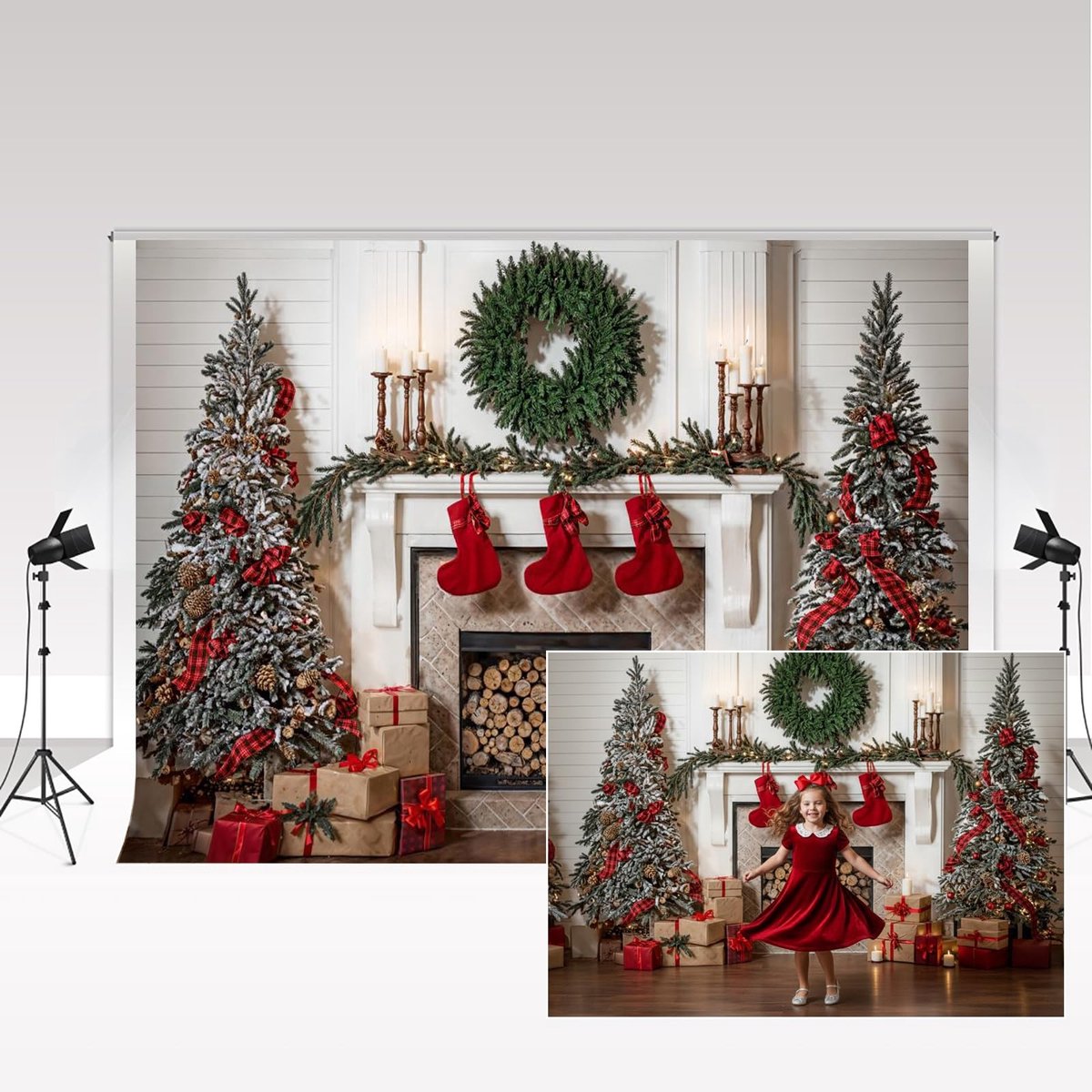 Dailygoods - Fotografie Achtergronden - Kerst Achtergrond - Microvezel - 2.2x1.5m - Winter Sfeer - Perfect voor Familieportretten - Inclusief Sokken e...