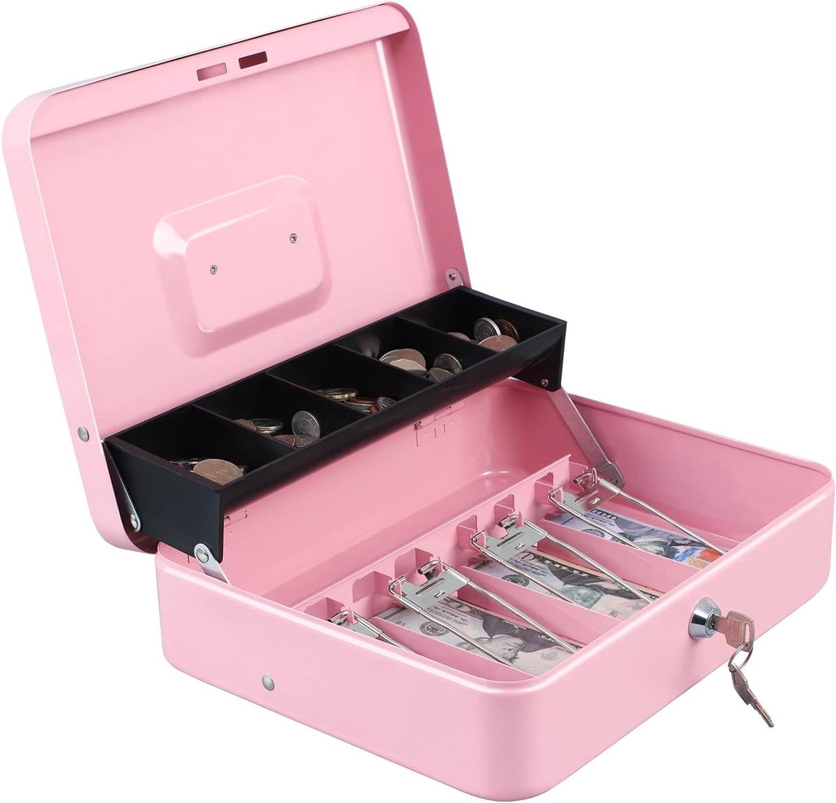 Geldkist met slot - Kassalade opbergbox - Geld veilig bewaren - Gelaagd ontwerp - 30x24x9 cm - Roze