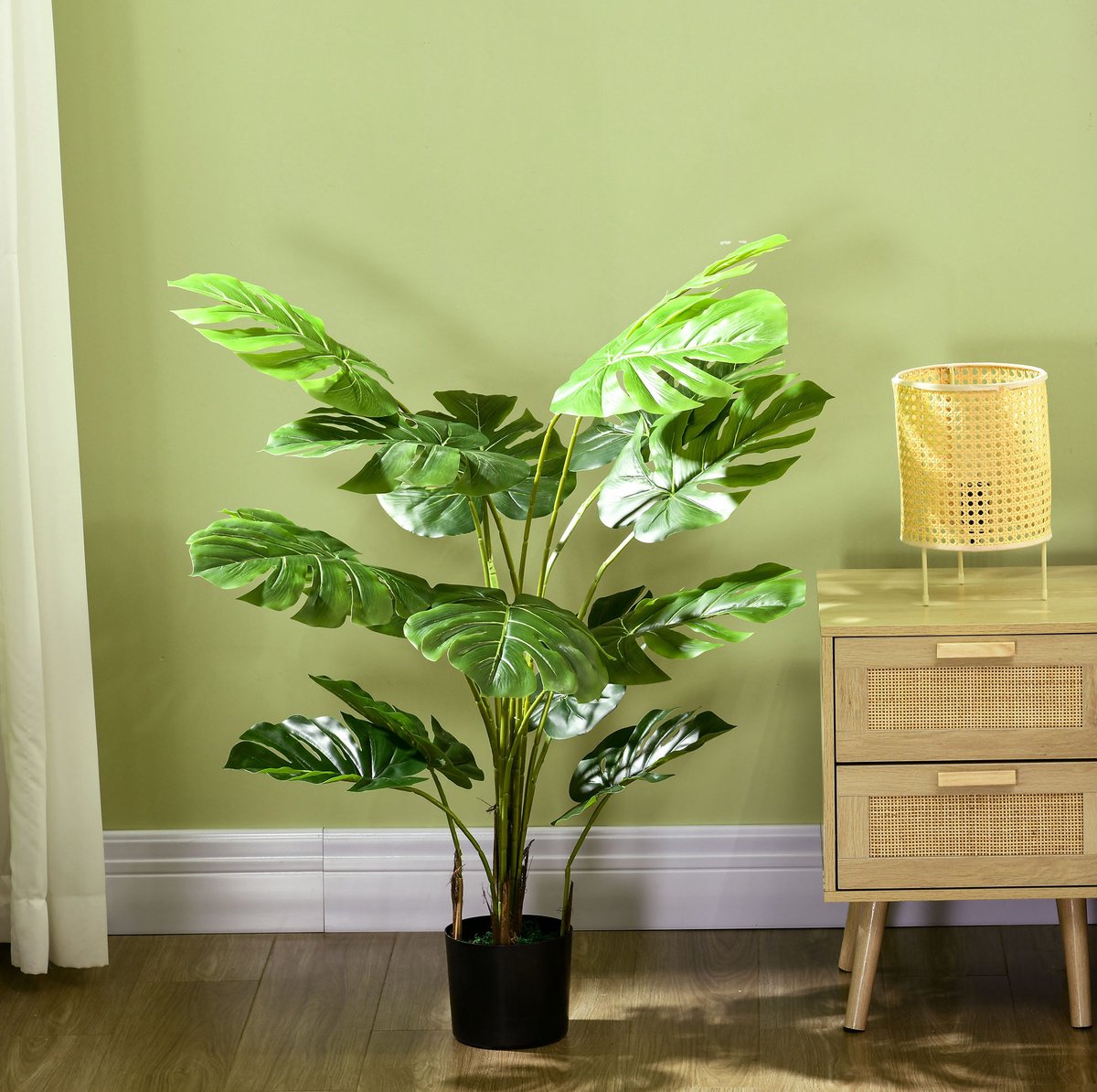 MEUNIQ Kunstmatige Monstera 120 cm kunstplant met zwarte pot en kunstmos, realistische groene kamerplant voor woonkamer, hal of buitenruimte
