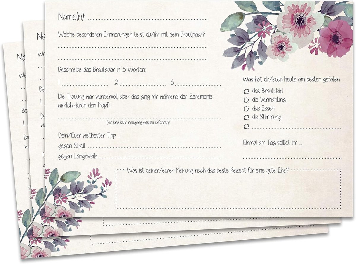Thijox - Gastenboekpagina's en Gastenkaarten A5/A6 met Vragen voor Bruiloft, Mooi Ontwerp met Bloemen, In te vullen en In te Plakken, Ideaal voor Gast
