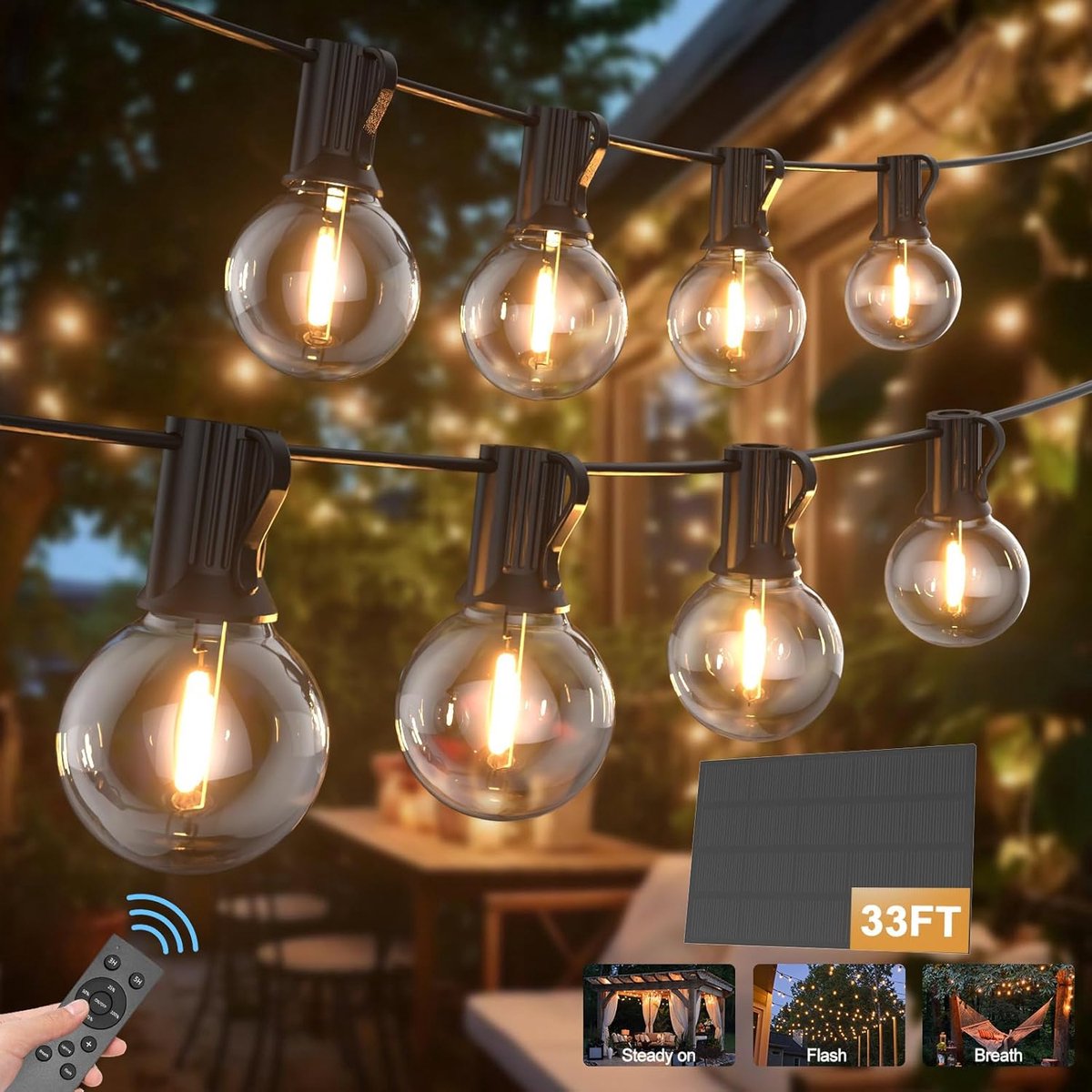 SnelShoppen - Outdoor String Lights 15M Dimbare Tuinverlichting met Afstandsbediening, 25+2 Schokbestendige Lampen, IP45 Waterdicht, Warm Witte Buiten