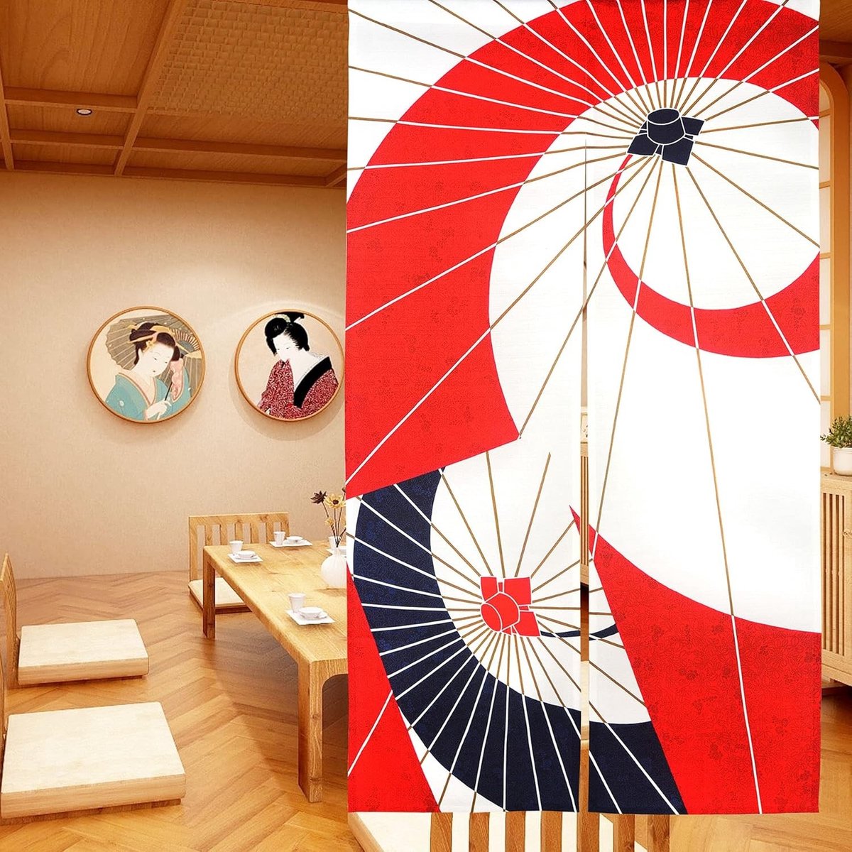 Traditionele Japanse en Noorse gordijnen met parasolprint voor deur en keuken, 33.5" breed x 59" lang, ideaal als roomdivider en decoratie