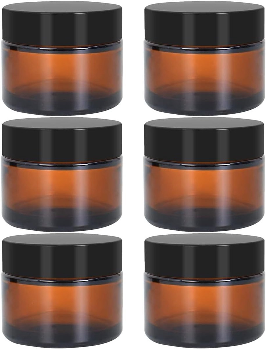 Set van 6 glazen crèmepotjes van 50 ml in amber en transparant voor cosmetica, lotions, zalf en essentiële oliën