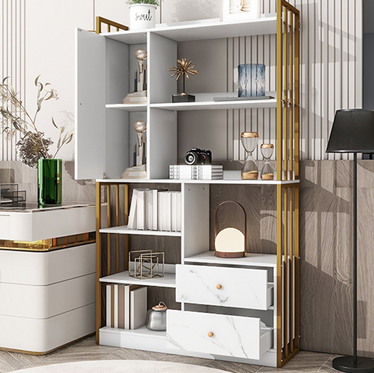 MEUNIQ boekenkast 100 x 30 x 173,5 cm met 6 planken, 2 lades en 2 deuren, verticale opbergkast voor woonkamer of werkkamer, wit met goud en marmerlook