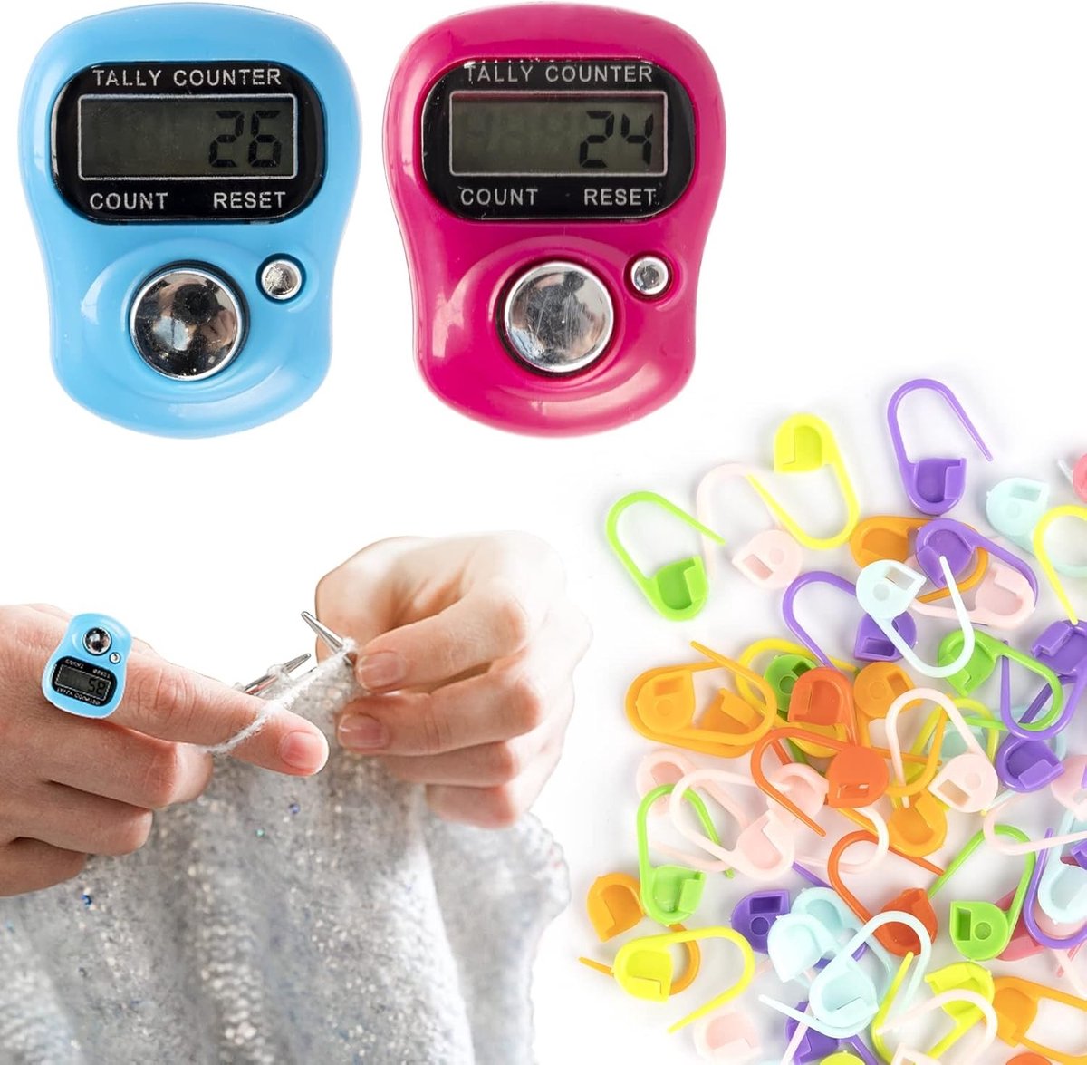 Digitale vinger teller set van 2, hand clicker voor naaien en breien, inclusief 60 kleurrijke brei markers en haaksluiting clip