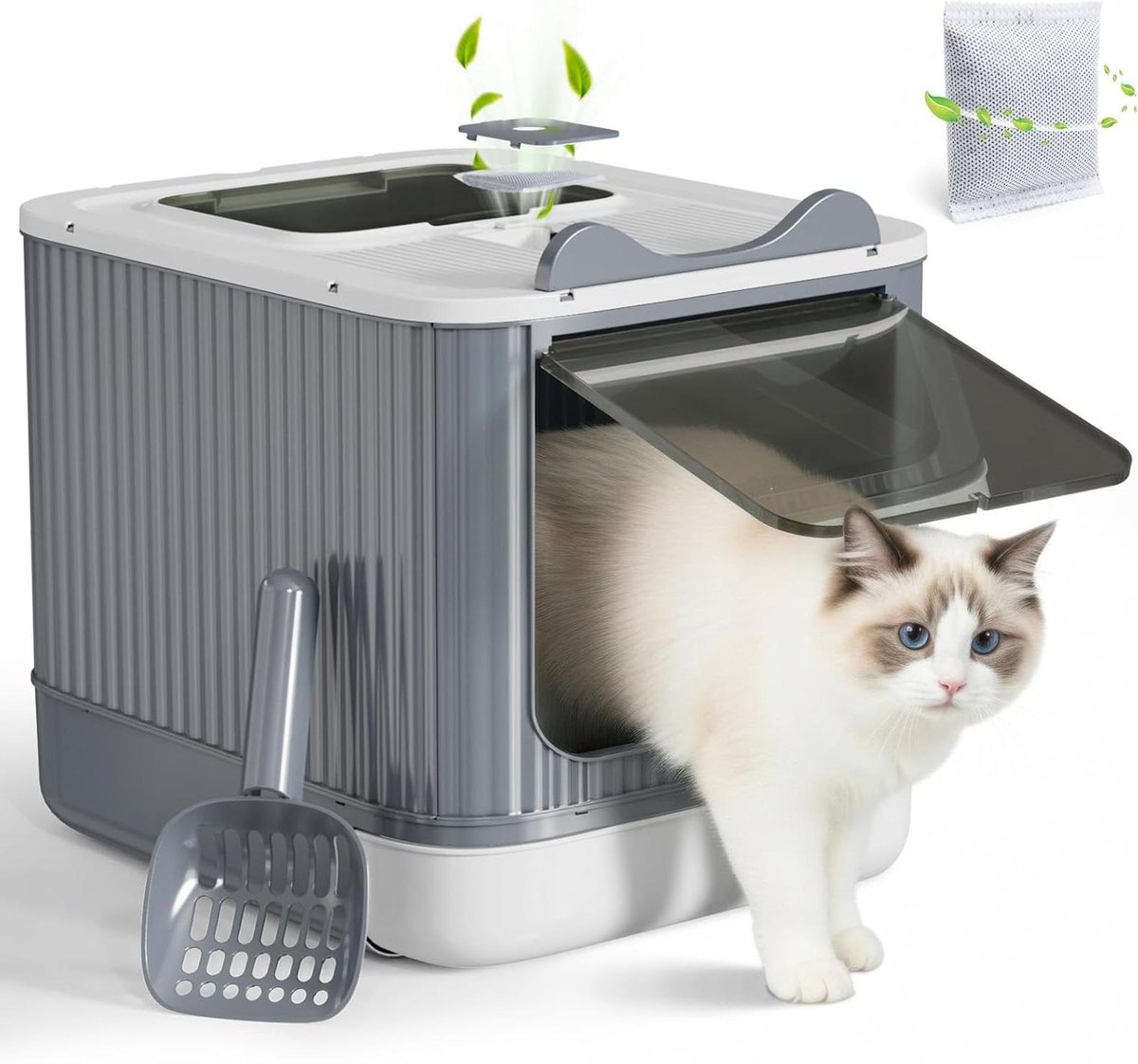 Gesloten kattenbak - Kattenbak met lade - Netjes huisdier - Geurneutralisatie met bamboe - XXL 48 cm - Wit grijs