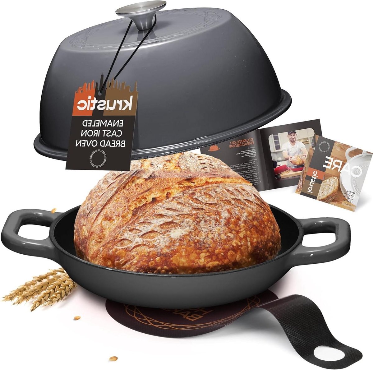 Geëmailleerde Gietijzeren Pan - Nederlandse Oven - Zuurdesem Brood Bakken - Unieke Koepelvormige Deksel - 6 Liter - Grijs