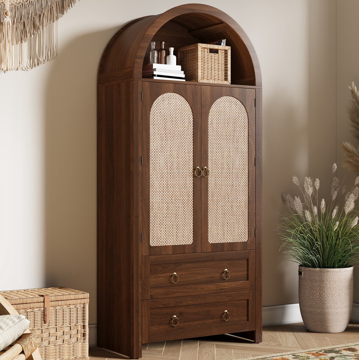 MIVRAY Dressoir - Boogvormige Opbergkast Met Rotandeuren En Dubbele Lades - Voor Woonkamer En Slaapkamer - MDF Walnoot - 80x40x180 Cm