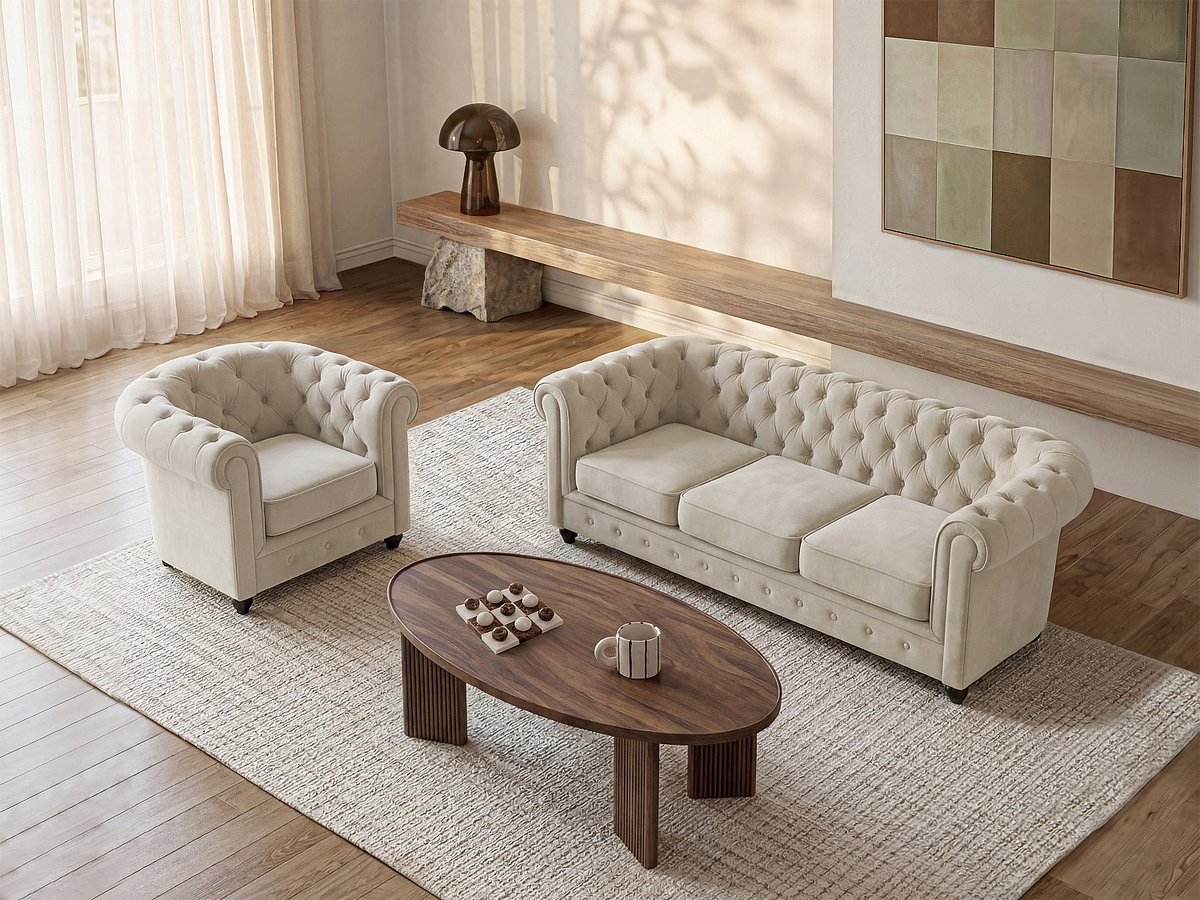 Vente-unique Zitbank met 3 plaatsen en fauteuil in beige fluweel CHESTERFIELD