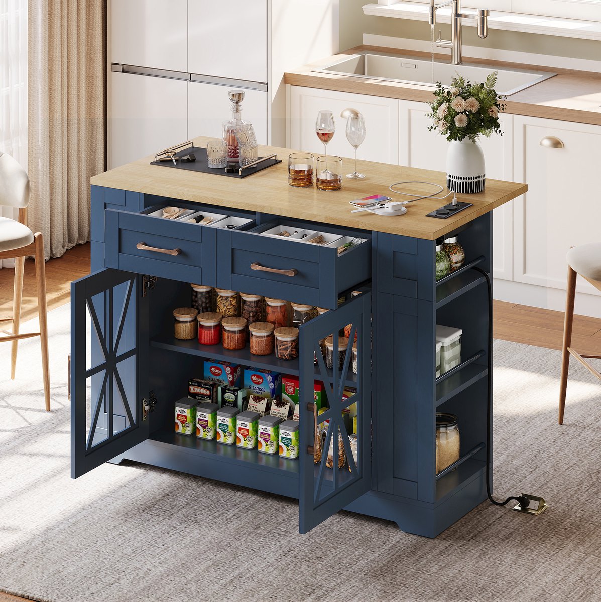 DESMIU Keukenkast - Keukeneiland Met Opklapbare Tafel En Stopcontacten - Verrijdbaar Voor Keuken En Eethoek - MDF - 120x40x92 Cm - Blauw