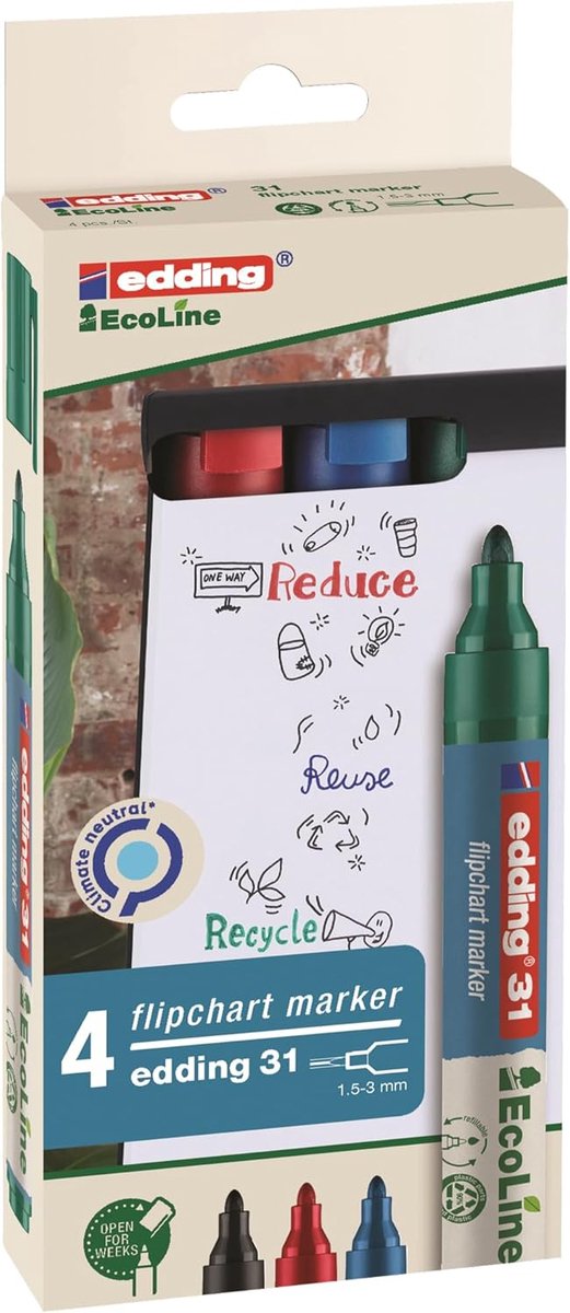 Thijox - Ecoline Flipchart Marker Set - 4 Stiften - Diverse Kleuren - Rond Punt 1,5-3 mm - Geschikt voor Flip-Over Papier - Navulbaar - Drukt Niet Doo