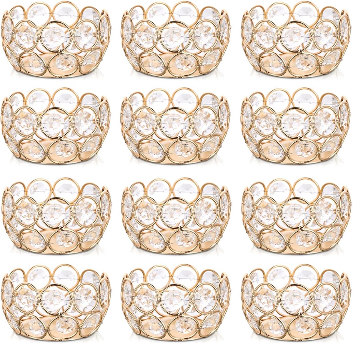 Set van 12 Kristallen Teelichthouders - Kleine Votive Houder voor Bruiloft, Verjaardag en Feestdagen - Rond Decoratief Tafelcentrum met Gouden Rand, 8cm