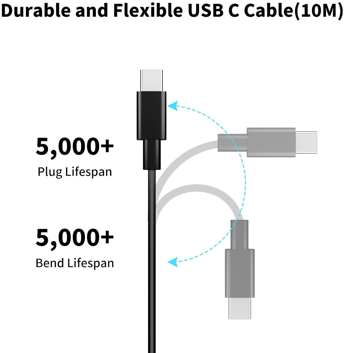 Thijox - USB C-kabel 10 m - USB Type C Oplaadkabel voor Beveiligingscamera's - Geschikt voor Mi Camera 2K, Draadloze Outdoor Camera 1080p, C301, C400,