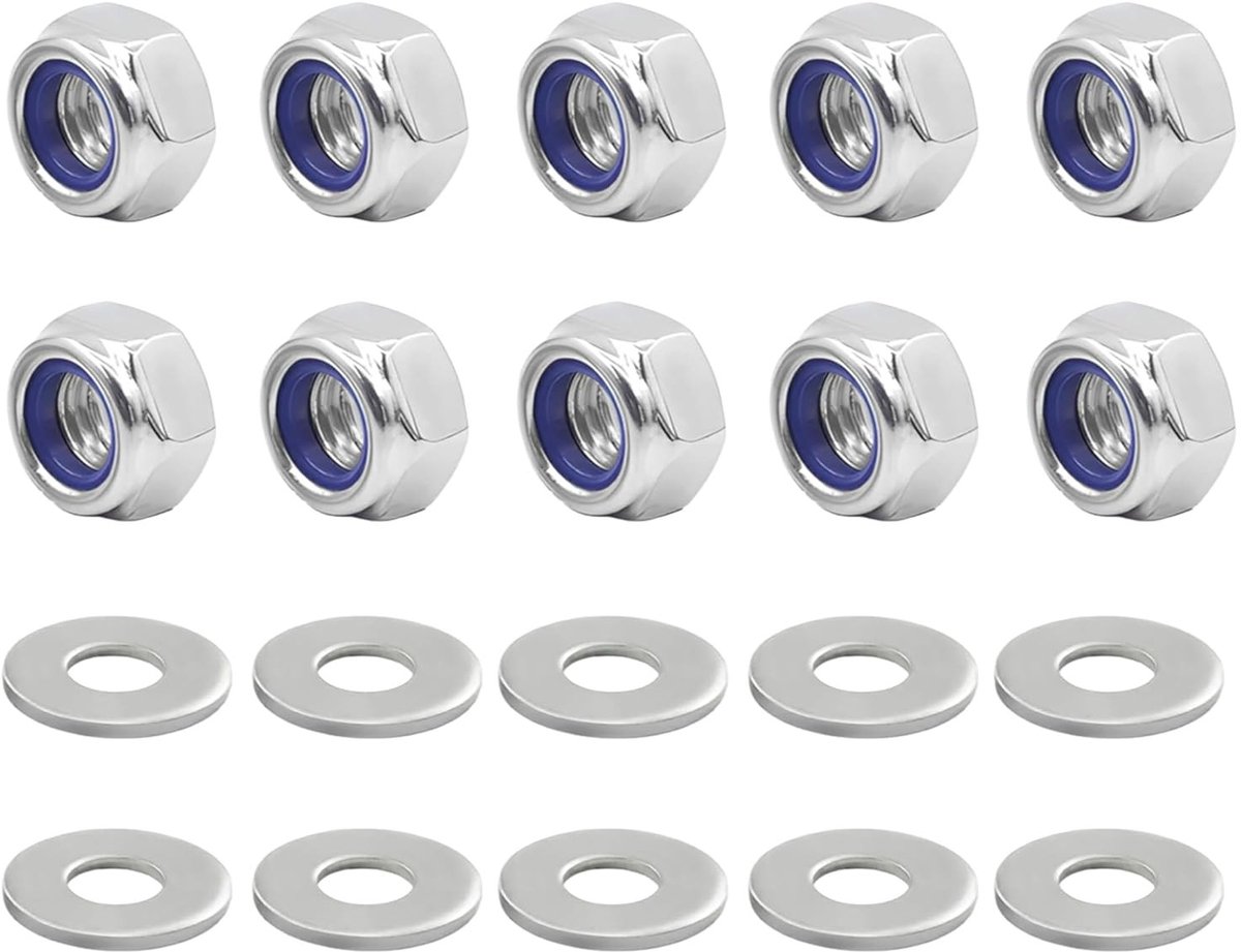 Set van 10 zelfborgende M10 moeren en 10 M10 rvs ringetjes - DIN985, duurzame bevestigingsmaterialen voor diverse toepassingen