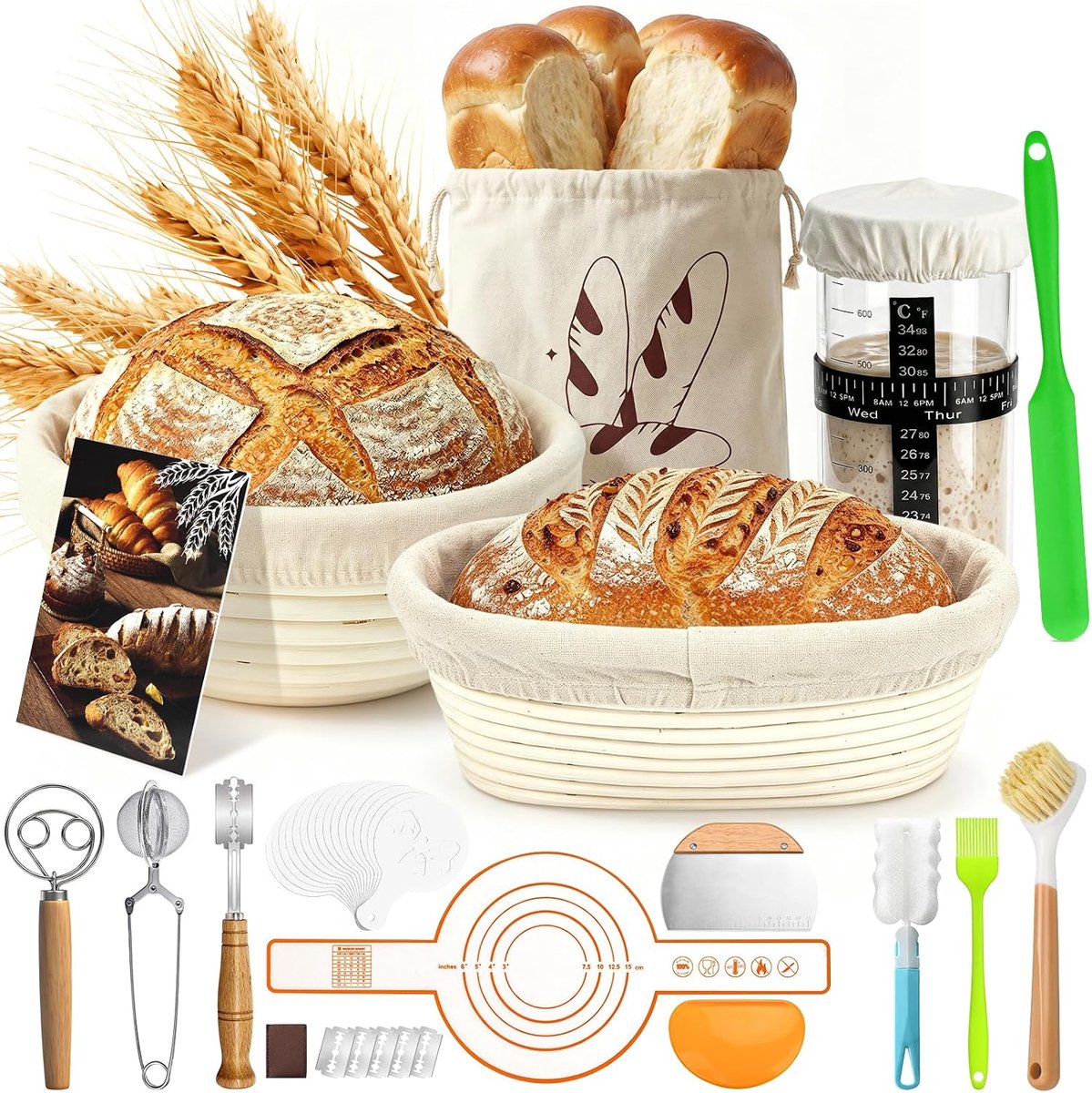 SnelShoppen - 37-delige Banneton Set voor Brood, 23 cm Rond & 25 cm Ovaal, Inclusief Bakkermesje, Voering, Hoes en Deegschraper voor Perfect Bakresult