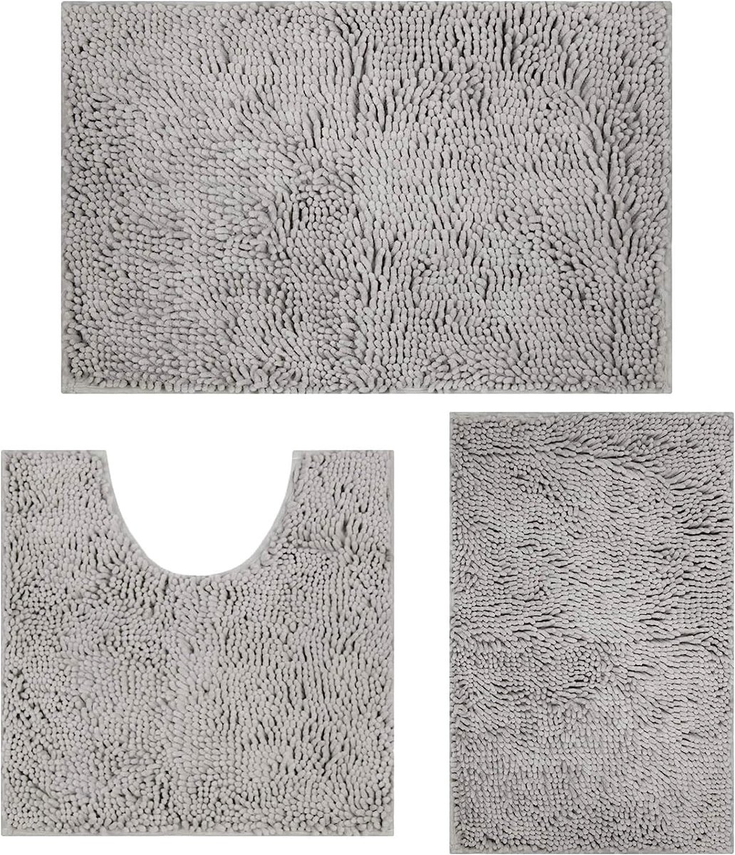 SnelShoppen - Bathroom Rug Set Non Slip 3pcs, Chenille Badmatten Set 51*81cm, 41*61cm en U Vorm Toiletmat 51*51cm, Zacht en Absorberend, Lichtgroen vo