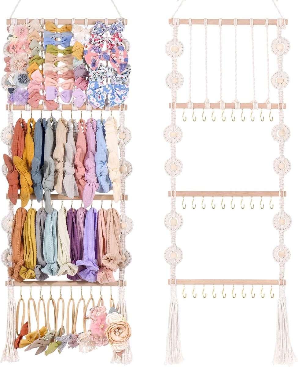 SnelShoppen - Haarbandenhouder en Strik Organiser voor Meisjes - Grote Capaciteit met 6 Touwen en 30 Haakjes - Haaraccessoires Opbergoplossing - 110 x