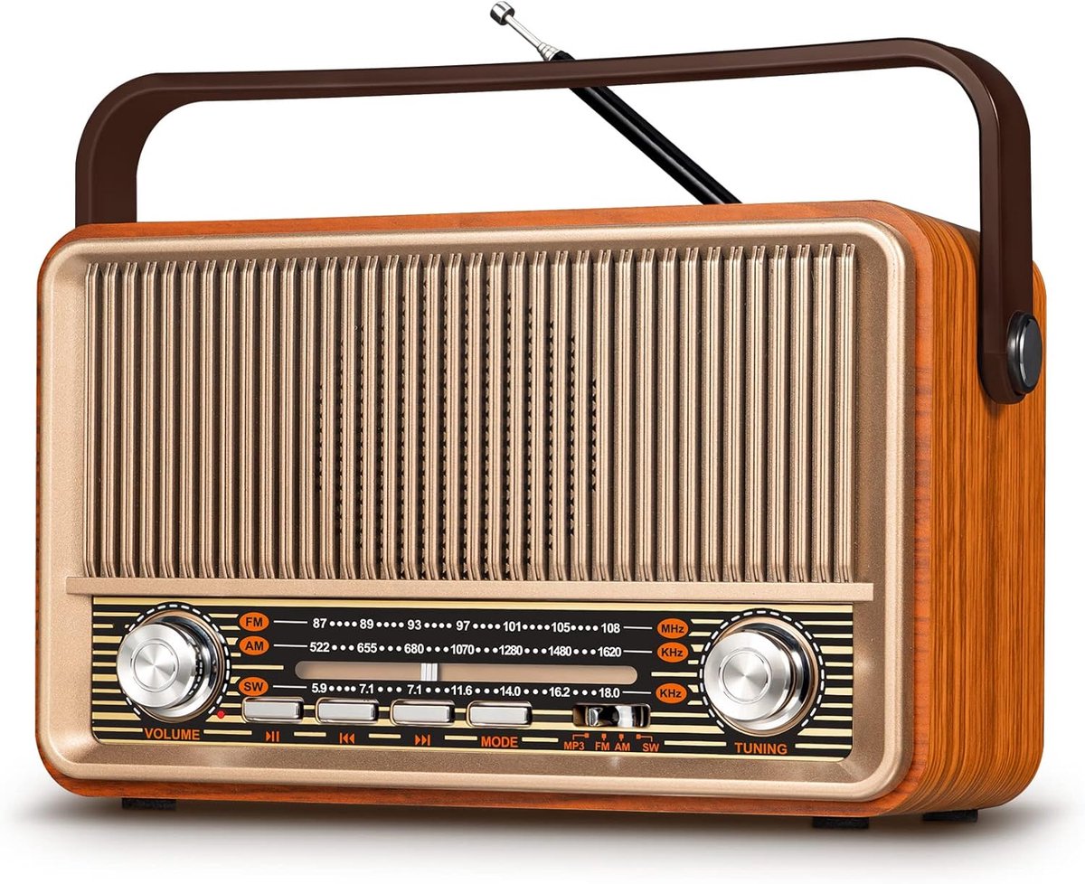SnelShoppen - Vintage Portable Radio J-120 AM/FM/SW met Bluetooth, 1800mAh Accu, USB/TF/AUX, Ideaal voor Thuis en Buiten, Compact en Lichtgewicht, Nos